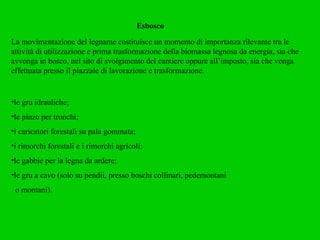 Esbosco La movimentazione del legname costituisce un momento di importanza rilevante tra le attività di utilizzazione e prima trasformazione della biomassa legnosa da energia, sia che avvenga in bosco, nel sito di svolgimento del cantiere oppure all’imposto, sia che venga effettuata presso il piazzale di lavorazione e trasformazione. le gru idrauliche; le pinze per tronchi; i caricatori forestali su pala gommata; i rimorchi forestali e i rimorchi agricoli; le gabbie per la legna da ardere; le gru a cavo (solo su pendii, presso boschi collinari, pedemontani o montani). 