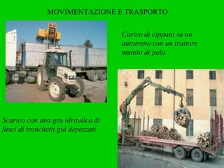 MOVIMENTAZIONE E TRASPORTO  Scarico con una gru idraulica di fasci di tronchetti già depezzati Carico di cippato su un autotreno con un trattore munito di pala 
