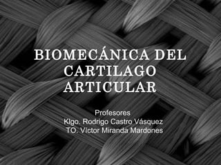 BIOMEC ÁNICA DEL CARTILAGO ARTICULAR Profesores Klgo. Rodrigo Castro V ásquez TO. Víctor Miranda Mardones 