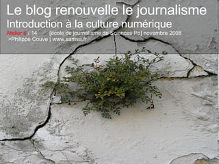 Le blog renouvelle le journalisme Introduction à la culture numérique Atelier 6  / 14  [école de journalisme de Sciences Po] novembre 2008  >Philippe Couve | www.samsa.fr 