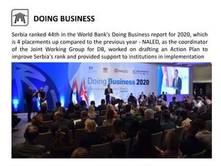 Serbia ranked 44th in the World Bank's Doing Business report for 2020, which
is 4 placements up compared to the previous year - NALED, as the coordinator
of the Joint Working Group for DB, worked on drafting an Action Plan to
improve Serbia's rank and provided support to institutions in implementation
Velika fotka sa dogadjaja? Ova ili neka druga
DOING BUSINESS
 