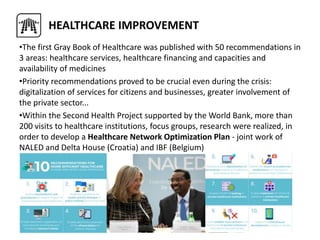 •The first Gray Book of Healthcare was published with 50 recommendations in
3 areas: healthcare services, healthcare financing and capacities and
availability of medicines
•Priority recommendations proved to be crucial even during the crisis:
digitalization of services for citizens and businesses, greater involvement of
the private sector...
•Within the Second Health Project supported by the World Bank, more than
200 visits to healthcare institutions, focus groups, research were realized, in
order to develop a Healthcare Network Optimization Plan - joint work of
NALED and Delta House (Croatia) and IBF (Belgium)
HEALTHCARE IMPROVEMENT
 