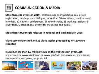 More than 300 events in 2019 - 180 trainings on inspections, real estate
registration, public-private dialogue, more than 50 workshops, seminars and
info days, 12 national conferences, 28 round tables, 28 working sessions, 5
study trips, 5 promotional events for the media and public
More than 4,000 media releases in national and local media in 2019
Video service launched and 26 video stories produced by NALED were
recorded
In 2019, more than 1.7 million views on the websites run by NALED:
www.naled.rs, www.uzmiracun.rs, www.građevinskedozvole.rs, www.jpd.rs,
sezonenskiradnici.gov.rs, e-uprava.info...
COMMUNICATION & MEDIA
 