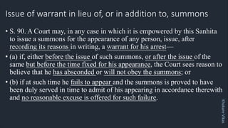 Khakare
Vikas
Issue of warrant in lieu of, or in addition to, summons
• S. 90. A Court may, in any case in which it is empowered by this Sanhita
to issue a summons for the appearance of any person, issue, after
recording its reasons in writing, a warrant for his arrest—
• (a) if, either before the issue of such summons, or after the issue of the
same but before the time fixed for his appearance, the Court sees reason to
believe that he has absconded or will not obey the summons; or
• (b) if at such time he fails to appear and the summons is proved to have
been duly served in time to admit of his appearing in accordance therewith
and no reasonable excuse is offered for such failure.
 