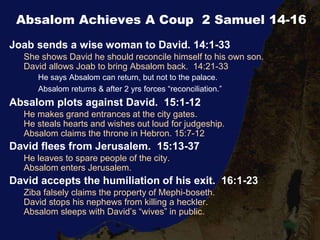 Absalom Achieves A Coup 2 Samuel 14-16
Joab sends a wise woman to David. 14:1-33
She shows David he should reconcile himself to his own son.
David allows Joab to bring Absalom back. 14:21-33
He says Absalom can return, but not to the palace.
Absalom returns & after 2 yrs forces “reconciliation.”
Absalom plots against David. 15:1-12
He makes grand entrances at the city gates.
He steals hearts and wishes out loud for judgeship.
Absalom claims the throne in Hebron. 15:7-12
David flees from Jerusalem. 15:13-37
He leaves to spare people of the city.
Absalom enters Jerusalem.
David accepts the humiliation of his exit. 16:1-23
Ziba falsely claims the property of Mephi-boseth.
David stops his nephews from killing a heckler.
Absalom sleeps with David’s “wives” in public.
 