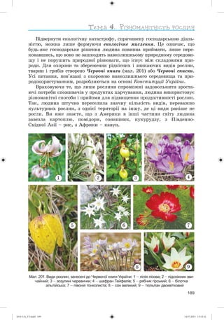 189
Âіäâåðíóòè åêîëîãі÷íó êàòàñòðîôó, ñïðè÷èíåíó ãîñïîäàðñüêîþ äіÿëü-
íіñòþ, ìîæíà ëèøå ôîðìóþ÷è åêîëîãі÷íå ìèñëåííÿ. Öå îçíà÷àє, ùî
áóäü-ÿêå ãîñïîäàðñüêå ðіøåííÿ ëþäèíà ïîâèííà ïðèéìàòè, ëèøå ïåðå-
êîíàâøèñü, ùî âîíî íå çàøêîäèòü íàâêîëèøíüîìó ïðèðîäíîìó ñåðåäîâè-
ùó і íå ïîðóøèòü ïðèðîäíîї ðіâíîâàãè, ùî іñíóє ìіæ ñêëàäîâèìè ïðè-
ðîäè. Äëÿ îõîðîíè òà çáåðåæåííÿ ðіäêіñíèõ і çíèêàþ÷èõ âèäіâ ðîñëèí,
òâàðèí і ãðèáіâ ñòâîðåíî ×åðâîíі êíèãè (ìàë. 201) àáî ×åðâîíі ñïèñêè.
Óñі ïèòàííÿ, ïîâ’ÿçàíі ç îõîðîíîþ íàâêîëèøíüîãî ñåðåäîâèùà òà ïðè-
ðîäîêîðèñòóâàííÿì, ðîçðîáëÿþòüñÿ íà îñíîâі Êîíñòèòóöії Óêðàїíè.
Âðàõîâóþ÷è òå, ùî ëèøå ðîñëèíè ñïðîìîæíі çàäîâîëüíèòè çðîñòà-
þ÷і ïîòðåáè ñïîæèâà÷іâ ó ïðîäóêòàõ õàð÷óâàííÿ, ëþäèíà âèêîðèñòîâóє
ðіçíîìàíіòíі ñïîñîáè і ïðèéîìè äëÿ ïіäâèùåííÿ ïðîäóêòèâíîñòі ðîñëèí.
Òàê, ëþäèíà øòó÷íî ïåðåñåëèëà çíà÷íó êіëüêіñòü âèäіâ, ïåðåâàæíî
êóëüòóðíèõ ðîñëèí, ç îäíієї òåðèòîðії íà іíøó, äå öі âèäè ðàíіøå íå
ðîñëè. Âè âæå çíàєòå, ùî ç Àìåðèêè â іíøі ÷àñòèíè ñâіòó ëþäèíà
çàâåçëà êàðòîïëþ, ïîìіäîðè, ñîíÿøíèê, êóêóðóäçó, ç Ïіâäåííî-
Ñõіäíîї Àçії – ðèñ, ç Àôðèêè – êàâóí.
Мал. 201. Види рослин, занесені до Червоної книги України: 1 – лілія лісова; 2 – підсніжник зви-
чайний; 3 – зозулині черевички; 4 – шафран Гейфелів; 5 – рябчик гірський; 6 – білотка
альпійська; 7 – півонія тонколиста; 8 – сон великий; 9 – тюльпан двоквітковий
5 6 7
8 9
1 3 42
(014-13)_V3.indd 189 14.07.2014 13:13:32
 