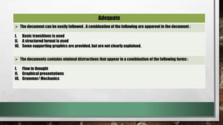 Adequate
 The document can be easily followed . A combination of the following are apparent in the document :
I. Basic transitions is used
II. A structured format is used
III. Some supporting graphics are provided, but are not clearly explained.
 The documents contains minimal distractions that appear in a combination of the following forms :
I. Flow in thought
II. Graphical presentations
III. Grammar/ Mechanics
 