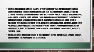 • WRITING SAMPLES ARE JUST ONE EXAMPLE OF PERFORMANCES THAT MAY BE EVALUATED USING
SCORING RUBRICS. SCORING RUBRICS HAVE ALSO BEEN USED TO EVALUATE GROUP ACTIVITIES,
EXTENDED PROJECTS AND ORAL PRESENTATIONS (E.G., CHICAGO PUBLIC SCHOOLS, 1999; DANIELSON,
1997A; 1997B; SCHROCK, 2000; MOSKAL, 2000). THEY ARE EQUALLY APPROPRIATE TO THE ENGLISH,
MATHEMATICS AND SCIENCE CLASSROOMS (E.G., CHICAGO PUBLIC SCHOOLS, 1999; STATE OF
COLORADO, 1999; DANIELSON, 1997A; 1997B; DANIELSON & MARQUEZ, 1998; SCHROCK, 2000). BOTH
PRE-COLLEGEAND COLLEGE INSTRUCTORS USE SCORING RUBRICS FOR CLASSROOM EVALUATION
PURPOSES (E.G., STATE OF COLORADO, 1999; SCHROCK, 2000; MOSKAL, 2000; KNECHT, MOSKAL &
PAVELICH, 2000).
• WHERE AND WHEN A SCORING RUBRIC IS USED DOES NOT DEPEND ON THE GRADE LEVEL OR SUBJECT,
BUT RATHER ON THE PURPOSE OF THE ASSESSMENT.
 