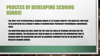 PROCESS OF DEVELOPING SCORING
RUBRIC
• THE FIRST STEP IN DEVELOPING A SCORING RUBRIC IS TO CLEARLY IDENTIFY THE QUALITIES THAT NEED
TO BE DISPLAYED IN A STUDENT'S WORK TO DEMONSTRATE PROFICIENT PERFORMANCE (BROOKHART,
1999).
• THE IDENTIFIED QUALITIES WILL FORM THE TOP LEVEL OR LEVELS OF SCORING CRITERIA FOR THE
SCORING RUBRIC. THE DECISION CAN THEN BE MADE AS TO WHETHER THE INFORMATION THAT IS
DESIRED FROM THE EVALUATION CAN BEST BE ACQUIRED THROUGH THE USE OF AN ANALYTIC OR
HOLISTIC SCORING RUBRIC.
 