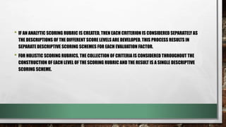 • IF AN ANALYTIC SCORING RUBRIC IS CREATED, THEN EACH CRITERION IS CONSIDERED SEPARATELY AS
THE DESCRIPTIONS OF THE DIFFERENT SCORE LEVELS ARE DEVELOPED. THIS PROCESS RESULTS IN
SEPARATE DESCRIPTIVE SCORING SCHEMES FOR EACH EVALUATION FACTOR.
• FOR HOLISTIC SCORING RUBRICS, THE COLLECTION OF CRITERIA IS CONSIDERED THROUGHOUT THE
CONSTRUCTION OF EACH LEVEL OF THE SCORING RUBRIC AND THE RESULT IS A SINGLE DESCRIPTIVE
SCORING SCHEME.
 