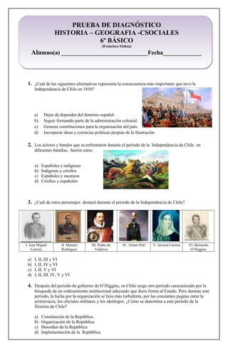 PRUEBA DE DIAGNÓSTICO
HISTORIA – GEOGRAFIA -CSOCIALES
6º BÁSICO
(Francisco Ochoa)
Alumno(a) _____________________________Fecha_____________
1. ¿Cuál de las siguientes alternativas representa la consecuencia más importante que tuvo la
Independencia de Chile en 1810?
a) Dejar de depender del dominio español.
b) Seguir formando parte de la administración colonial.
c) Generar constituciones para la organización del país.
d) Incorporar ideas y creencias políticas propias de la Ilustración
2. Los actores y bandos que se enfrentaron durante el período de la Independencia de Chile en
diferentes batallas, fueron entre:
a) Españoles e indígenas
b) Indígenas y criollos
c) Españoles y mestizos
d) Criollos y españoles
3. ¿Cuál de estos personajes destacó durante el periodo de la Independencia de Chile?
I. José Miguel
Carrera
II. Manuel
Rodríguez
III. Pedro de
Valdivia
IV. Arturo Prat V. Javiera Carrera VI. Bernardo
O’Higgins
a) I, II, III y VI
b) I, II, IV y VI
c) I, II, V y VI
d) I, II, III, IV, V y VI
4. Después del período de gobierno de O’Higgins, en Chile surge otro período caracterizado por la
búsqueda de un ordenamiento institucional adecuado que diera forma al Estado. Pero durante este
periodo, la lucha por la organización se hizo más turbulenta, por las constantes pugnas entre la
aristocracia, los oficiales militares y los ideólogos. ¿Cómo se denomina a este período de la
Historia de Chile?
a) Constitución de la República
b) Organización de la República
c) Desorden de la República
d) Implementación de la República
 