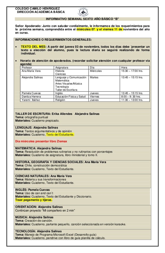COLEGIO CAMILO HENRÍQUEZ
DIRECCIÓN ACADÉMICA BÁSICA
INFORMATIVO SEMANAL SEXTO AÑO BÁSICO “B”
Señor Apoderado: Junto con sa...