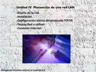 Unidad IV: Planeación de una red LAN
-Diseño de la red.
-instalación.
-Configuración básica del protocolo TCP/IP.
-Tarjeta Red a utilizar.
-Conexión Internet.
Changarote Christian seccion 12 trayecto 2-1
 
