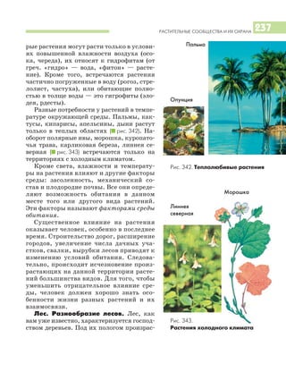 РАСТИТЕЛЬНЫЕ СООБЩЕСТВА И ИХ ОХРАНА 237
рые растения могут расти только в услови
ях повышенной влажности воздуха (осо
ка, череда), их относят к гидрофитам (от
греч. «гидро» — вода, «фитон» — расте
ние). Кроме того, встречаются растения
частично погруженные в воду (рогоз, стре
лолист, частуха), или обитающие полно
стью в толще воды — это гигрофиты (эло
дея, рдесты).
Разные потребности у растений в темпе
ратуре окружающей среды. Пальмы, как
тусы, кипарисы, апельсины, дыни растут
только в теплых областях (I рис. 342). На
оборот полярные ивы, морошка, куропато
чья трава, карликовая береза, линнея се
верная (I рис. 343) встречаются только на
территориях с холодным климатом.
Кроме света, влажности и температу
ры на растения влияют и другие факторы
среды: засоленность, механический со
став и плодородие почвы. Все они опреде
ляют возможность обитания в данном
месте того или другого вида растений.
Эти факторы называют факторами среды
обитания.
Существенное влияние на растения
оказывает человек, особенно в последнее
время. Строительство дорог, расширение
городов, увеличение числа дачных уча
стков, свалки, вырубки лесов приводят к
изменению условий обитания. Следова
тельно, происходит исчезновение произ
растающих на данной территории расте
ний большинства видов. Для того, чтобы
уменьшить отрицательное влияние сре
ды, человек должен хорошо знать осо
бенности жизни разных растений и их
взаимосвязи.
Лес. Разнообразие лесов. Лес, как
вам уже известно, характеризуется господ
ством деревьев. Под их пологом произрас
Пальма
Опунция
Рис. 342. Теплолюбивые растения
Рис. 343.
Растения холодного климата
Линнея
северная
Морошка
 