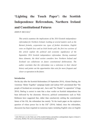 Scottish Independence Referendum and Northern Ireland, Queen's Political Review
