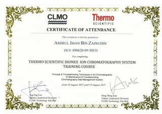 CERTIFICATE FOR ION CHROMATOGRAPHY SYSTEM