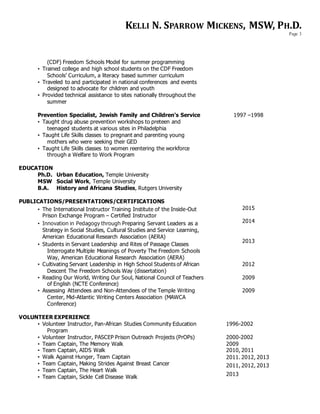 KELLI N. SPARROW MICKENS, MSW, PH.D.
Page 3
(CDF) Freedom Schools Model for summer programming
• Trained college and high school students on the CDF Freedom
Schools’ Curriculum, a literacy based summer curriculum
• Traveled to and participated in national conferences and events
designed to advocate for children and youth
• Provided technical assistance to sites nationally throughout the
summer
Prevention Specialist, Jewish Family and Children’s Service
• Taught drug abuse prevention workshops to preteen and
teenaged students at various sites in Philadelphia
• Taught Life Skills classes to pregnant and parenting young
mothers who were seeking their GED
• Taught Life Skills classes to women reentering the workforce
through a Welfare to Work Program
1997 –1998
EDUCATION
Ph.D. Urban Education, Temple University
MSW Social Work, Temple University
B.A. History and Africana Studies, Rutgers University
PUBLICATIONS/PRESENTATIONS/CERTIFICATIONS
• The International Instructor Training Institute of the Inside-Out
Prison Exchange Program – Certified Instructor
• Innovation in Pedagogy through Preparing Servant Leaders as a
Strategy in Social Studies, Cultural Studies and Service Learning,
American Educational Research Association (AERA)
• Students in Servant Leadership and Rites of Passage Classes
Interrogate Multiple Meanings of Poverty The Freedom Schools
Way, American Educational Research Association (AERA)
2015
2014
2013
• Cultivating Servant Leadership in High School Students of African
Descent The Freedom Schools Way (dissertation)
2012
• Reading Our World, Writing Our Soul, National Council of Teachers
of English (NCTE Conference)
2009
• Assessing Attendees and Non-Attendees of the Temple Writing
Center, Mid-Atlantic Writing Centers Association (MAWCA
Conference)
2009
VOLUNTEER EXPERIENCE
• Volunteer Instructor, Pan-African Studies Community Education
Program
• Volunteer Instructor, PASCEP Prison Outreach Projects (PrOPs)
• Team Captain, The Memory Walk
• Team Captain, AIDS Walk
• Walk Against Hunger, Team Captain
• Team Captain, Making Strides Against Breast Cancer
• Team Captain, The Heart Walk
• Team Captain, Sickle Cell Disease Walk
1996-2002
2000-2002
2009
2010, 2011
2011. 2012, 2013
2011, 2012, 2013
2013
 