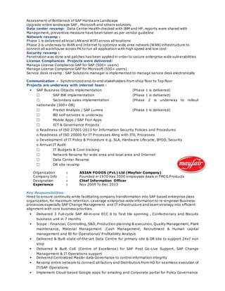 Assessment of Bottleneck of SAP Hardware Landscape
Upgrade entire landscape SAP , Microsoft and others solutions
Data center revamp: Data Center Health checked with IBM and HP, reports were shared with
Management, preventive measure have been taken as per vendor guideline
Network revamp :
Phase 1 is delivered all local LAN and WIFI across all locations
Phase 2 is underway to WAN and Internet to optimize wide area network (WAN) infrastructure to
connect all warehouse across PK to run all application with high speed and low cost
Security revamp :
Penetration was done and patches has been applied in order to secure enterprise wide vulnerabilities
License Compliances Projects were delivered:
Manage License Compliance GAP for SAP (500+ users)
Manage License Compliance GAP for Microsoft (500+ users)
Service desk revamp : SAP Solutions manager is implemented to manage service desk electronically
Communication - Synchronized end-to-end stakeholders from shop floor to Top floor
Projects are underway with internal team :
 SAP Business Objects implementation (Phase 1 is delivered)
SAP BW implementation (Phase 1 is delivered)
Secondary sales implementation (Phase 2 is underway to rollout
nationwide (300+ DB)
Predict Analysis / SAP Lumira (Phase 1 is delivered)
BO self-services is underway
Mobile Apps / SAP Fiori Apps
ICT & Governance Projects
o Readiness of ISO 27001-2013 for Information Security Policies and Procedures
o Readiness of ISO 20000 for IT Processes Aling with ITIL Processes
o Development of IT Policy & Procedure e.g. SLA, Hardware Lifecycle, BYOD, Security
o Annual IT Audit
IT Budgets & Cost tracking
Network Revamp for wide area and local area and Internet
Data Center Revamp
DR site revamp
Organization : ASIAN FOODS (Pvt.) Ltd (Mayfair Company)
Company Info : Founded in 1970 Has 3500 employees deals in FMCG Products
Designation : Chief Information Officer
Experience : Nov 2009 To Dec 2013
Key Responsibilities:
Hired to ensure continuity while facilitating company transformation into SAP based enterprise class
organization, for maximum retention. Leverage enterprise-wide information to re-engineer Business-
processes especially SAP Change Management and IT infrastructure and team strategy into efficient
alignment with core business priorities.
 Delivered 3 Full-cycle SAP All-in-one ECC 6 to Text tile spinning , Confectionary and Biscuits
business unit in 7 months
 Scope : Financial, Controlling, S&D, Production planning & execution, Quality Management, Plant
maintenance, Material Management ,Cash Management, Recruitment & Human capital
management and BI for Operational/ Profitability Analysis
 Delivered & Built state-of-the-art Data Centre for primary site & DR site to support 24x7 non
stop
 Delivered & Built CoE (Centre of Excellence) for SAP Post Go-Live Support, SAP Change
Management & IT Operations support
 Delivered Centralized Master data Governance to control information integrity
 Revamp entire network to connect all factory and Distributors from HO for seamless execution of
IT/SAP Operations
 Implement Cloud based Google apps for emailing and Corporate portal for Policy Governance
 
