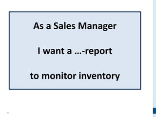 12
As a Sales Manager
I want a …-report
to monitor inventory
 