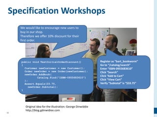 53
Specification Workshops
public void TestInitialOrderDiscount()
{
Customer newCustomer = new Customer();
Order newOrder = new Order(newCustomer);
newOrder.AddBook(
Catalog.Find(“ISBN-0955683610”)
);
Assert.Equals(33.75,
newOrder.Subtotal);
}
Register as “bart_bookworm”
Go to “/catalog/search”
Enter “ISBN-0955683610”
Click “Search”
Click “Add to Cart”
Click “View Cart”
Verify “Subtotal” is “$33.75”
We would like to encourage new users to
buy in our shop.
Therefore we offer 10% discount for their
first order.
Original idea for the illustration: George Dinwiddie
http://blog.gdinwidiee.com
 