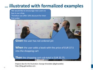 57
… illustrated with formalized examples
Given the user has not ordered yet
When the user adds a book with the price of EUR 37.5
into the shopping cart
Then the shopping cart sub-total is EUR 33.75.
Original idea for the illustration: George Dinwiddie (@gdinwiddie)
http://blog.gdinwidiee.com
We would like to encourage new users to
buy in our shop.
Therefore we offer 10% discount for their
first order.
 