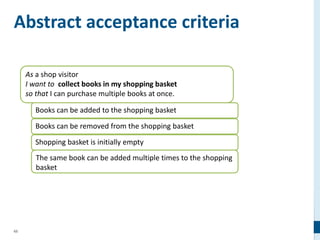 65
Abstract acceptance criteria
As a shop visitor
I want to collect books in my shopping basket
so that I can purchase multiple books at once.
Books can be added to the shopping basket
Books can be removed from the shopping basket
Shopping basket is initially empty
The same book can be added multiple times to the shopping
basket
 