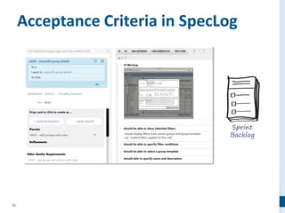 82
Acceptance Criteria in SpecLog
Sprint
Backlog
 