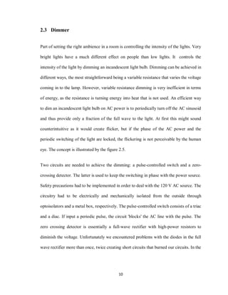 10
2.3 Dimmer
Part of setting the right ambience in a room is controlling the intensity of the lights. Very
bright lights have a much different effect on people than low lights. It controls the
intensity of the light by dimming an incandescent light bulb. Dimming can be achieved in
different ways, the most straightforward being a variable resistance that varies the voltage
coming in to the lamp. However, variable resistance dimming is very inefficient in terms
of energy, as the resistance is turning energy into heat that is not used. An efficient way
to dim an incandescent light bulb on AC power is to periodically turn off the AC sinusoid
and thus provide only a fraction of the full wave to the light. At first this might sound
counterintuitive as it would create flicker, but if the phase of the AC power and the
periodic switching of the light are locked, the flickering is not perceivable by the human
eye. The concept is illustrated by the figure 2.5.
Two circuits are needed to achieve the dimming: a pulse-controlled switch and a zero-
crossing detector. The latter is used to keep the switching in phase with the power source.
Safety precautions had to be implemented in order to deal with the 120 V AC source. The
circuitry had to be electrically and mechanically isolated from the outside through
optoisolators and a metal box, respectively. The pulse-controlled switch consists of a triac
and a diac. If input a periodic pulse, the circuit 'blocks' the AC line with the pulse. The
zero crossing detector is essentially a full-wave rectifier with high-power resistors to
diminish the voltage. Unfortunately we encountered problems with the diodes in the full
wave rectifier more than once, twice creating short circuits that burned our circuits. In the
 