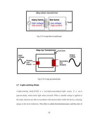 21
Fig 2.13 A step down transformer
Fig 2.14 A step up transformer
2.7 Light-emitting Diode
A light-emitting diode (LED) is a two-lead semiconductor light source. It is a p–n
junction diode, which emits light when activated. When a suitable voltage is applied to
the leads, electrons are able to recombine with electron holes within the device, releasing
energy in the form of photons. This effect is called electroluminescence, and the color of
 