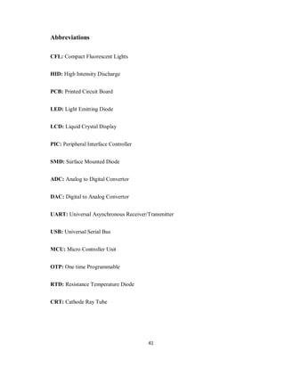 41
Abbreviations
CFL: Compact Fluorescent Lights
HID: High Intensity Discharge
PCB: Printed Circuit Board
LED: Light Emitting Diode
LCD: Liquid Crystal Display
PIC: Peripheral Interface Controller
SMD: Surface Mounted Diode
ADC: Analog to Digital Convertor
DAC: Digital to Analog Convertor
UART: Universal Asynchronous Receiver/Transmitter
USB: Universal Serial Bus
MCU: Micro Controller Unit
OTP: One time Programmable
RTD: Resistance Temperature Diode
CRT: Cathode Ray Tube
 