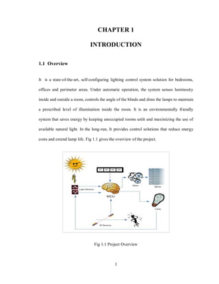 1
CHAPTER 1
INTRODUCTION
1.1 Overview
It is a state-of-the-art, self-configuring lighting control system solution for bedrooms,
offices and perimeter areas. Under automatic operation, the system senses luminosity
inside and outside a room, controls the angle of the blinds and dims the lamps to maintain
a prescribed level of illumination inside the room. It is an environmentally friendly
system that saves energy by keeping unoccupied rooms unlit and maximizing the use of
available natural light. In the long-run, It provides control solutions that reduce energy
costs and extend lamp life. Fig 1.1 gives the overview of the project.
Fig 1.1 Project Overview
 