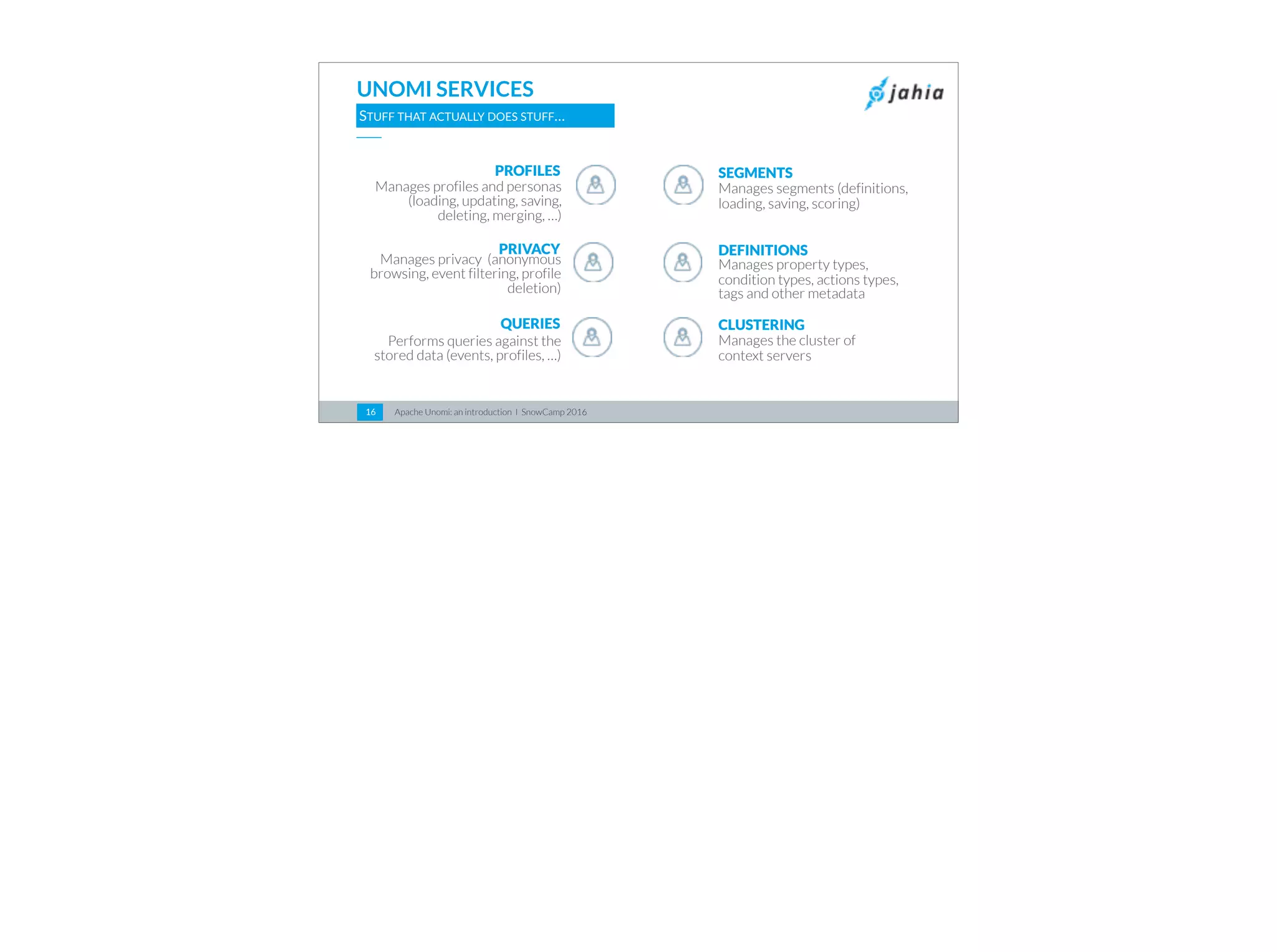 Apache Unomi: an introduction I SnowCamp 201616
UNOMI SERVICES
STUFF THAT ACTUALLY DOES STUFF…
PROFILES
Manages profiles and personas
(loading, updating, saving,
deleting, merging, …)
PRIVACY
Manages privacy (anonymous
browsing, event filtering, profile
deletion)
QUERIES
Performs queries against the
stored data (events, profiles, …)
SEGMENTS
Manages segments (definitions,
loading, saving, scoring)
DEFINITIONS
Manages property types,
condition types, actions types,
tags and other metadata
CLUSTERING
Manages the cluster of  
context servers
 