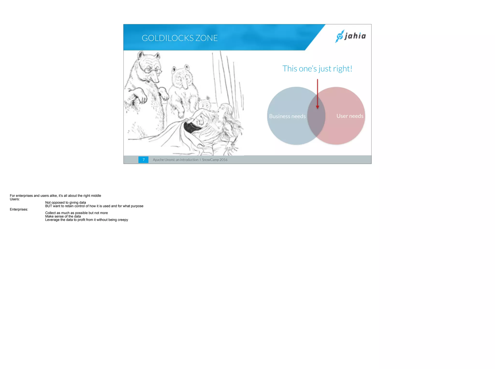 Apache Unomi: an introduction I SnowCamp 20167
This one’s just right!
GOLDILOCKS ZONE
User needsBusiness needs
 