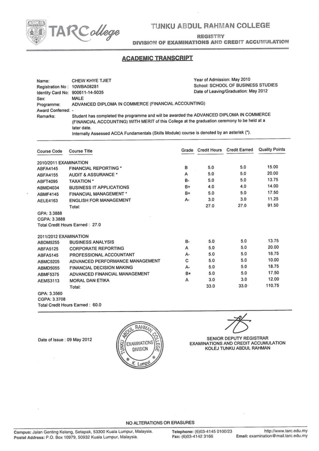 Advanced Diploma Transcript | PDF