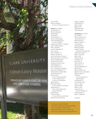 45
GROWTH & DEVELOPMENT
George H. Sogigian
Shaké Sulikyan ’01
Elissa S. Tessler
Marilyn Thypin
Margaret W. Traina
Judith Wasserheit
Contributors (Up to $100)
Ivan A. Backer
Beth B. Cohen PhD ’03
Jennifer DeFronzo ’97
Martin Demoorjian
Richard K. Dinjian ’76
Thomas Geiger
Norman Gluckstein
Michael Gruenbaum
Jennifer K. Dowdle
In Memory of Katie Kavorkian
Katherine M. Horigan ’13
Ralph V. Hovanesian
Betty R. Jaffe
Edward S. Kersch
Amy Kizirian ’92
Elaine Klein ’65
Carl S. Klorman ’71
Rise A. Liskov ’72
Richard D. Mangerian ’53
Mark R. Milner
Michael A. Mooney ’93
Maxine ’83 and Leonard Morse
Marisa G. Natale ’17
Susan Rein
In honor of Barbara and
Edward Simpson
Ian Rosenbluth ’01
Ruth and Allen* Rubin
Joshua L. Segal
Naomi K. Skriloff
Selden K. Smith
Joanne Tuck and
Stuart R. Freedman ’62
Anna Voremberg ’13
Melvin L. Zwillenberg
*Deceased
Suzanne Tobak
Sharon M. Weinstein
In honor of Dr. Richard P. Cohen ’71
Donors ($100 to $499)
Ani Aprahamian ’80
Richard C. Bedrosian
Selwin Belofsky
Tina Bilazarian
Kara E. Brickman ’97
Fay and Julian Bussgang
Cutler Capital Management
In honor of Al Tapper
Virginian and H. Martin* ’47 Deranian
Laurie and Michael Derian
Albert J. Glassman
Louise H. Harootunian’53
Alan J. Holz ’85
Gerald I. Kheboian ’74
Robert G. Kinosian ’68
Lisa ’92 and Andrew ’92 Koenig
Daphne and Arnold G. Konheim ’63
Nancy and Michael Leavitt
Pamela and David Levine
Pamela and Arnold ’65 Loeb
Charles Margosian ’72
Anne L. McKinnon ’83
Amy ’72 and Robert ’59 Messing
Susan and Frank Minasian ’61
Debra Pemstein and Dean Vallas
Cynthia Normandie ’83
Mary Jane Rein
In honor of Robin Heller Moss
In honor of Rebecca Colin
In memory of Linda Robbins
Nathan Robbins
Meryl Shahun Rosen
In honor of Glen and Leslie Parish
Celia Schulhoff ’54
Ferenc & Ilona Czigler Family
Endowed Fellowship
Paula Shamoian
Contance Sherman
In honor of Glen and Leslie Parish
Beth and Derrek ’90 Shulman
To donate by phone: 508.793.8897
Online: https://clarkconnect.clarku.edu/give/CHGS
Or by check payable to: Clark University
(indicate the Strassler Center in the memo line)
Please mail to: 950 Main Street Worcester, MA 01610
603064.indd 45 11/18/16 11:02 AM
 