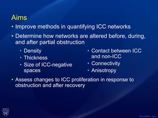 ©2013 MFMER | slide-4
Aims
• Improve methods in quantifying ICC networks
• Determine how networks are altered before, during,
and after partial obstruction
• Assess changes to ICC proliferation in response to
obstruction and after recovery
• Density
• Thickness
• Size of ICC-negative
spaces
• Contact between ICC
and non-ICC
• Connectivity
• Anisotropy
 