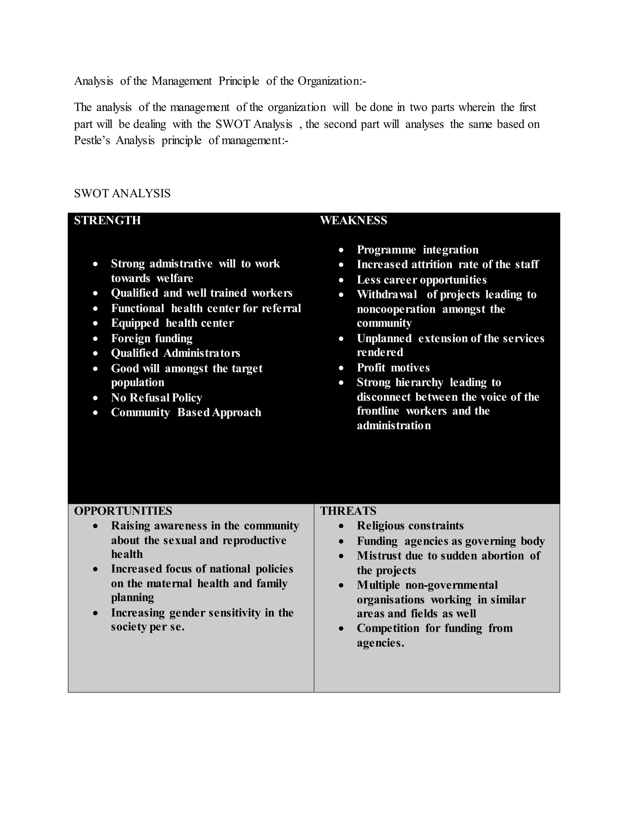 Analysis of the Management Principle of the Organization:-
The analysis of the management of the organization will be done in two parts wherein the first
part will be dealing with the SWOT Analysis , the second part will analyses the same based on
Pestle’s Analysis principle of management:-
SWOT ANALYSIS
STRENGTH
 Strong admistrative will to work
towards welfare
 Qualified and well trained workers
 Functional health center for referral
 Equipped health center
 Foreign funding
 Qualified Administrators
 Good will amongst the target
population
 No Refusal Policy
 Community BasedApproach
WEAKNESS
 Programme integration
 Increased attrition rate of the staff
 Less career opportunities
 Withdrawal of projects leading to
noncooperation amongst the
community
 Unplanned extension of the services
rendered
 Profit motives
 Strong hierarchy leading to
disconnect between the voice of the
frontline workers and the
administration
OPPORTUNITIES
 Raising awareness in the community
about the sexual and reproductive
health
 Increased focus of national policies
on the maternal health and family
planning
 Increasing gender sensitivity in the
society per se.
THREATS
 Religious constraints
 Funding agencies as governing body
 Mistrust due to sudden abortion of
the projects
 Multiple non-governmental
organisations working in similar
areas and fields as well
 Competition for funding from
agencies.
 