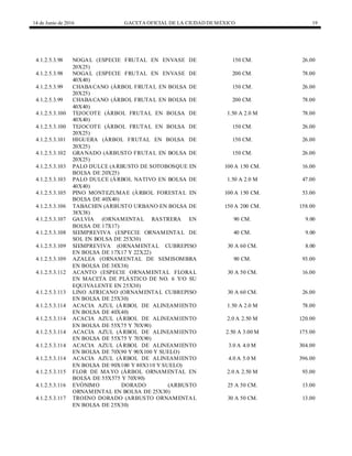 14 de Junio de 2016 GACETA OFICIAL DE LA CIUDAD DEMÉXICO 19
4.1.2.5.3.98 NOGAL (ESPECIE FRUTAL EN ENVASE DE
20X25)
150 CM. 26.00
4.1.2.5.3.98 NOGAL (ESPECIE FRUTAL EN ENVASE DE
40X40)
200 CM. 78.00
4.1.2.5.3.99 CHABACANO (ÁRBOL FRUTAL EN BOLSA DE
20X25)
150 CM. 26.00
4.1.2.5.3.99 CHABACANO (ÁRBOL FRUTAL EN BOLSA DE
40X40)
200 CM. 78.00
4.1.2.5.3.100 TEJOCOTE (ÁRBOL FRUTAL EN BOLSA DE
40X40)
1.50 A 2.0 M 78.00
4.1.2.5.3.100 TEJOCOTE (ÁRBOL FRUTAL EN BOLSA DE
20X25)
150 CM. 26.00
4.1.2.5.3.101 HIGUERA (ÁRBOL FRUTAL EN BOLSA DE
20X25)
150 CM. 26.00
4.1.2.5.3.102 GRANADO (ARBUSTO FRUTAL EN BOLSA DE
20X25)
150 CM. 26.00
4.1.2.5.3.103 PALO DULCE (ARBUSTO DE SOTOBOSQUE EN
BOLSA DE 20X25)
100 A 150 CM. 16.00
4.1.2.5.3.103 PALO DULCE (ÁRBOL NATIVO EN BOLSA DE
40X40)
1.50 A 2.0 M 47.00
4.1.2.5.3.105 PINO MONTEZUMAE (ÁRBOL FORESTAL EN
BOLSA DE 40X40)
100 A 150 CM. 53.00
4.1.2.5.3.106 TABACHIN (ARBUSTO URBANO EN BOLSA DE
38X38)
150 A 200 CM. 158.00
4.1.2.5.3.107 GALVIA (ORNAMENTAL RASTRERA EN
BOLSA DE 17X17)
90 CM. 9.00
4.1.2.5.3.108 SIEMPREVIVA (ESPECIE ORNAMENTAL DE
SOL EN BOLSA DE 25X30)
40 CM. 9.00
4.1.2.5.3.109 SIEMPREVIVA (ORNAMENTAL CUBREPISO
EN BOLSA DE 17X17 Y 22X22)
30 A 60 CM. 8.00
4.1.2.5.3.109 AZALEA (ORNAMENTAL DE SEMISOMBRA
EN BOLSA DE 38X38)
90 CM. 93.00
4.1.2.5.3.112 ACANTO (ESPECIE ORNAMENTAL FLORAL
EN MACETA DE PLÁSTICO DE NO. 6 Y/O SU
EQUIVALENTE EN 25X30)
30 A 50 CM. 16.00
4.1.2.5.3.113 LINO AFRICANO (ORNAMENTAL CUBREPISO
EN BOLSA DE 25X30)
30 A 60 CM. 26.00
4.1.2.5.3.114 ACACIA AZUL (ÁRBOL DE ALINEAMIENTO
EN BOLSA DE 40X40)
1.50 A 2.0 M 78.00
4.1.2.5.3.114 ACACIA AZUL (ÁRBOL DE ALINEAMIENTO
EN BOLSA DE 55X75 Y 70X90)
2.0 A 2.50 M 120.00
4.1.2.5.3.114 ACACIA AZUL (ÁRBOL DE ALINEAMIENTO
EN BOLSA DE 55X75 Y 70X90)
2.50 A 3.00 M 175.00
4.1.2.5.3.114 ACACIA AZUL (ÁRBOL DE ALINEAMIENTO
EN BOLSA DE 70X90 Y 90X100 Y SUELO)
3.0 A 4.0 M 304.00
4.1.2.5.3.114 ACACIA AZUL (ÁRBOL DE ALINEAMIENTO
EN BOLSA DE 90X100 Y 80X110 Y SUELO)
4.0 A 5.0 M 396.00
4.1.2.5.3.115 FLOR DE MAYO (ÁRBOL ORNAMENTAL EN
BOLSA DE 55X575 Y 70X90)
2.0 A 2.50 M 93.00
4.1.2.5.3.116 EVÓNIMO DORADO (ARBUSTO
ORNAMENTAL EN BOLSA DE 25X30)
25 A 50 CM. 13.00
4.1.2.5.3.117 TROENO DORADO (ARBUSTO ORNAMENTAL
EN BOLSA DE 25X30)
30 A 50 CM. 13.00
 