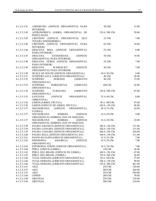 14 de Junio de 2016 GACETA OFICIAL DE LA CIUDAD DEMÉXICO 27
4.1.2.5.3.41 ASPIDISTRA (ESPECIE ORNAMENTAL PARA
INTERIOR)
50 CM. 13.00
4.1.2.5.3.42 ASTRONÓMICA (ÁRBOL ORNAMENTAL DE
PORTE BAJO)
150 A 200 CM. 59.00
4.1.2.5.3.45 CROTHON (ESPECIE ORNAMENTAL QUE
TOLERA SEMISOMBRA)
25 CM. 7.00
4.1.2.5.3.45 CROTHON (ESPECIE ORNAMENTAL PARA
INTERIOR)
65 CM. 19.00
4.1.2.5.3.46 DRACENA ROJA (ESPECIE ORNAMENTAL
PARA INTERIOR)
25 CM. 8.00
4.1.2.5.3.47 DRACENA SANDERIANA (ESPECIE
ORNAMENTAL PARA INTERIOR)
70 CM. 19.00
4.1.2.5.3.48 DRACENA VERDE (ESPECIE ORNAMENTAL
PARA INTERIOR)
35 CM. 7.00
4.1.2.5.3.49 DRACENA WARNECKY (ESPECIE
ORNAMENTAL PARA INTERIOR)
30 CM. 7.00
4.1.2.5.3.50 HUELE DE NOCHE (ESPECIE ORNAMENTAL) 30 A 50 CM. 9.00
4.1.2.5.3.51 JUNÍPERO AZUL (ARBUSTO ORNAMENTAL) 40 CM. 26.00
4.1.2.5.3.52 JUNÍPERO DORADO (ARBUSTO
ORNAMENTAL)
40 CM. 13.00
4.1.2.5.3.53 JUNÍPERO HORIZONTAL (ARBUSTO
ORNAMENTAL)
100 CM. 42.00
4.1.2.5.3.54 JUNÍPERO TUROLOSA (ARBUSTO
ORNAMENTAL)
150 A 200 CM. 67.00
4.1.2.5.3.55 LANTANA (ESPECIE ORNAMENTAL
ARBUSTIVA)
25 A 40 CM. 8.00
4.1.2.5.3.56 LIMÓN (ÁRBOL FRUTAL) 50 A 100 CM. 47.00
4.1.2.5.3.56 LIMÓN (ESPECIE DE ÁRBOL FRUTAL) 100 A 150 CM. 98.00
4.1.2.5.3.57 NOCHEBUENA (ESPECIE ORNAMENTAL
FLORAL)
20 A 35 CM. 42.00
4.1.2.5.3.57 NOCHEBUENA HIBRIDA (ESPECIE
ORNAMENTAL HIBRIDA CON UN ESQUEJE)
10 A 20 CM. 4.00
4.1.2.5.3.57 NOCHEBUENA HIBRIDA (ESPECIE
ORNAMENTAL HIBRIDA CON UN ESQUEJE)
10 A 20 CM. 22.00
4.1.2.5.3.58 PALMA ABANICO (ESPECIE ORNAMENTAL) 100 A 150 CM. 131.00
4.1.2.5.3.59 PALMA CANARIA (ESPECIE ORNAMENTAL) 100 A 150 CM. 131.00
4.1.2.5.3.59 PALMA CANARIA (ESPECIE ORNAMENTAL) 200 A 250 CM. 264.00
4.1.2.5.3.60 PALMA REAL (ESPECIE ORNAMENTAL EN) 100 A 150 CM. 131.00
4.1.2.5.3.61 PASTO RAYADO (ESPECIE ORNAMENTAL) 15 A 25 CM. 7.00
4.1.2.5.3.62 PEPERONIA AMARILLA (ESPECIE
ORNAMENTAL)
10 A 20 CM. 7.00
4.1.2.5.3.63 PEPERONIA VERDE (ESPECIE ORNAMENTAL) 10 A 20 CM. 7.00
4.1.2.5.3.64 PIRUL COMÚN (ÁRBOL) 150 CM. 26.00
4.1.2.5.3.65 PIRUL DEL BRASIL (ESPECIE DE ÁRBOL) 100 A 150 CM. 67.00
4.1.2.5.3.65 PIRUL DEL BRASIL (ÁRBOL) 150 A 200 CM. 26.00
4.1.2.5.3.66 TULIA DORADA (ARBUSTO ORNAMENTAL) 50 A 100 CM. 37.00
4.1.2.5.3.66 TULIA DORADA (ARBUSTO ORNAMENTAL) 100 A 150 CM. 99.00
4.1.2.5.3.66 TULIA DORADA (ARBUSTO ORNAMENTAL) 150 A 200 CM. 461.00
4.1.2.5.3.67 AILE 250 CM. 120.00
4.1.2.5.3.67 AILE 300 CM. 204.00
4.1.2.5.3.67 AILE 350 CM. 244.00
4.1.2.5.3.68 CIPRÉS 200 CM. 59.00
4.1.2.5.3.69 GREVILIA 250 CM. 158.00
4.1.2.5.3.69 GREVILIA 300 CM. 210.00
 