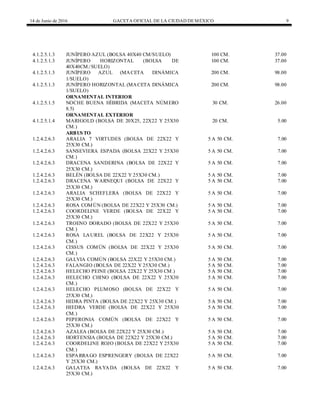 14 de Junio de 2016 GACETA OFICIAL DE LA CIUDAD DEMÉXICO 9
4.1.2.5.1.3 JUNÍPERO AZUL (BOLSA 40X40 CM/SUELO) 100 CM. 37.00
4.1.2.5.1.3 JUNÍPERO HORIZONTAL (BOLSA DE
40X40CM./SUELO)
100 CM. 37.00
4.1.2.5.1.3 JUNÍPERO AZUL (MACETA DINÁMICA
1/SUELO)
200 CM. 98.00
4.1.2.5.1.3 JUNÍPERO HORIZONTAL (MACETA DINÁMICA
1/SUELO)
200 CM. 98.00
ORNAMENTAL INTERIOR
4.1.2.5.1.5 NOCHE BUENA HÍBRIDA (MACETA NÚMERO
8.5)
30 CM. 26.00
ORNAMENTAL EXTERIOR
4.1.2.5.1.4 MARIGOLD (BOLSA DE 20X25, 22X22 Y 25X30
CM.)
20 CM. 5.00
ARBUSTO
1.2.4.2.6.3 ARALIA 7 VIRTUDES (BOLSA DE 22X22 Y
25X30 CM.)
5 A 50 CM. 7.00
1.2.4.2.6.3 SANSEVIERA ESPADA (BOLSA 22X22 Y 25X30
CM.)
5 A 50 CM. 7.00
1.2.4.2.6.3 DRACENA SANDERINA (BOLSA DE 22X22 Y
25X30 CM.)
5 A 50 CM. 7.00
1.2.4.2.6.3 BELÉN (BOLSA DE 22X22 Y 25X30 CM.) 5 A 50 CM. 7.00
1.2.4.2.6.3 DRACENA WARNEQUI (BOLSA DE 22X22 Y
25X30 CM.)
5 A 50 CM. 7.00
1.2.4.2.6.3 ARALIA SCHEFLERA (BOLSA DE 22X22 Y
25X30 CM.)
5 A 50 CM. 7.00
1.2.4.2.6.3 ROSA COMÚN (BOLSA DE 22X22 Y 25X30 CM.) 5 A 50 CM. 7.00
1.2.4.2.6.3 COORDELINE VERDE (BOLSA DE 22X22 Y
25X30 CM.)
5 A 50 CM. 7.00
1.2.4.2.6.3 TROENO DORADO (BOLSA DE 22X22 Y 25X30
CM.)
5 A 50 CM. 7.00
1.2.4.2.6.3 ROSA LAUREL (BOLSA DE 22X22 Y 25X30
CM.)
5 A 50 CM. 7.00
1.2.4.2.6.3 CISSUS COMÚN (BOLSA DE 22X22 Y 25X30
CM.)
5 A 50 CM. 7.00
1.2.4.2.6.3 GALVIA COMÚN (BOLSA 22X22 Y 25X30 CM.) 5 A 50 CM. 7.00
1.2.4.2.6.3 FALANGIO (BOLSA DE 22X22 Y 25X30 CM.) 5 A 50 CM. 7.00
1.2.4.2.6.3 HELECHO PEINE (BOLSA 22X22 Y 25X30 CM.) 5 A 50 CM. 7.00
1.2.4.2.6.3 HELECHO CHINO (BOLSA DE 22X22 Y 25X30
CM.)
5 A 50 CM. 7.00
1.2.4.2.6.3 HELECHO PLUMOSO (BOLSA DE 22X22 Y
25X30 CM.)
5 A 50 CM. 7.00
1.2.4.2.6.3 HIDRA PINTA (BOLSA DE 22X22 Y 25X30 CM.) 5 A 50 CM. 7.00
1.2.4.2.6.3 HIEDRA VERDE (BOLSA DE 22X22 Y 25X30
CM.)
5 A 50 CM. 7.00
1.2.4.2.6.3 PEPERONIA COMÚN (BOLSA DE 22X22 Y
25X30 CM.)
5 A 50 CM. 7.00
1.2.4.2.6.3 AZALEA (BOLSA DE 22X22 Y 25X30 CM.) 5 A 50 CM. 7.00
1.2.4.2.6.3 HORTENSIA (BOLSA DE 22X22 Y 25X30 CM.) 5 A 50 CM. 7.00
1.2.4.2.6.3 COORDELINE ROJO (BOLSA DE 22X22 Y 25X30
CM.)
5 A 50 CM. 7.00
1.2.4.2.6.3 ESPARRAGO ESPRENGERY (BOLSA DE 22X22
Y 25X30 CM.)
5 A 50 CM. 7.00
1.2.4.2.6.3 GALATEA RAYADA (BOLSA DE 22X22 Y
25X30 CM.)
5 A 50 CM. 7.00
 