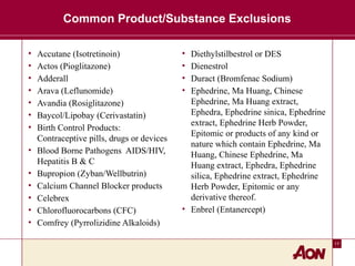 17
Common Product/Substance Exclusions
• Accutane (Isotretinoin)
• Actos (Pioglitazone)
• Adderall
• Arava (Leflunomide)
• Avandia (Rosiglitazone)
• Baycol/Lipobay (Cerivastatin)
• Birth Control Products:
Contraceptive pills, drugs or devices
• Blood Borne Pathogens AIDS/HIV,
Hepatitis B & C
• Bupropion (Zyban/Wellbutrin)
• Calcium Channel Blocker products
• Celebrex
• Chlorofluorocarbons (CFC)
• Comfrey (Pyrrolizidine Alkaloids)
• Diethylstilbestrol or DES
• Dienestrol
• Duract (Bromfenac Sodium)
• Ephedrine, Ma Huang, Chinese
Ephedrine, Ma Huang extract,
Ephedra, Ephedrine sinica, Ephedrine
extract, Ephedrine Herb Powder,
Epitomic or products of any kind or
nature which contain Ephedrine, Ma
Huang, Chinese Ephedrine, Ma
Huang extract, Ephedra, Ephedrine
silica, Ephedrine extract, Ephedrine
Herb Powder, Epitomic or any
derivative thereof.
• Enbrel (Entanercept)
 