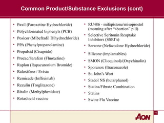 19
Common Product/Substance Exclusions (cont)
• Paxil (Paroxetine Hydrochloride)
• Polychlorinated biphenyls (PCB)
• Posicor (Mibefradil Dihydrochloride)
• PPA (Phenylpropanolamine)
• Propulsid (Cisapride)
• Prozac/Sarafem (Fluoxetine)
• Raplon (Rapacuronium Bromide)
• Raloxifene / Evista
• Remicade (Infliximab)
• Rezulin (Troglitazone)
• Ritalin (Methylphenidate)
• Rotashield vaccine
• RU486 - mifepistone/misoprostol
(morning after “abortion” pill)
• Selective Seritonin Reuptake
Inhibitors (SSRI’s)
• Serzone (Nefazodone Hydrochloride)
• Silicone (implantables)
• SMON (Clioquinol)/(Oxychinolin)
• Sporanox (Itraconazole)
• St. John’s Wort
• Stadol NS (butarphanol)
• Statins/Fibrate Combination
• Statins
• Swine Flu Vaccine
 