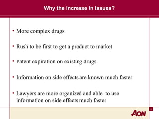 8
Why the increase in Issues?
• More complex drugs
• Rush to be first to get a product to market
• Patent expiration on existing drugs
• Information on side effects are known much faster
• Lawyers are more organized and able to use
information on side effects much faster
 