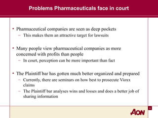 9
Problems Pharmaceuticals face in court
• Pharmaceutical companies are seen as deep pockets
– This makes them an attractive target for lawsuits
• Many people view pharmaceutical companies as more
concerned with profits than people
– In court, perception can be more important than fact
• The Plaintiff bar has gotten much better organized and prepared
– Currently, there are seminars on how best to prosecute Vioxx
claims
– The Plaintiff bar analyses wins and losses and does a better job of
sharing information
 