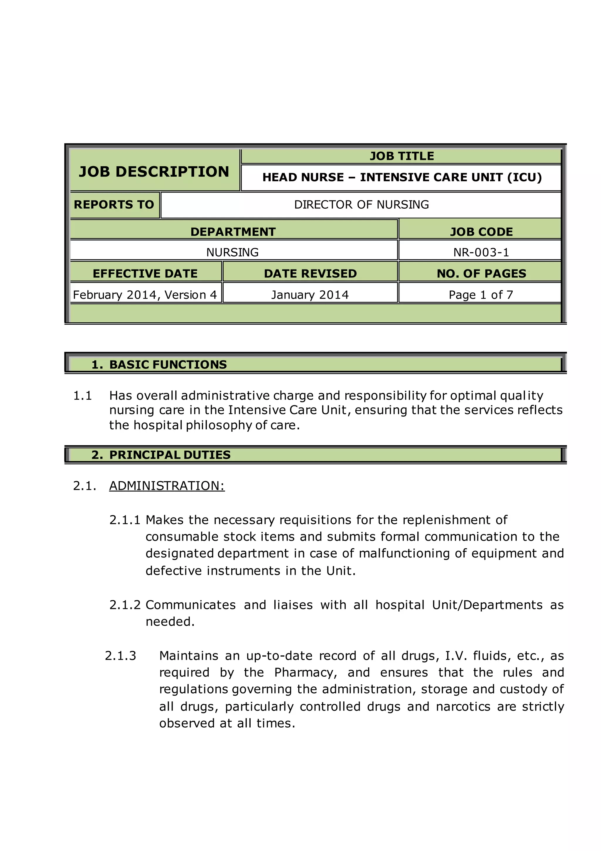 HEAD NURSE INTENSIVE CARE UNIT (ICU) job description | DOCX