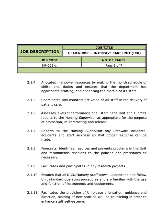 HEAD NURSE INTENSIVE CARE UNIT (ICU) job description | DOCX ...