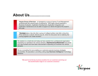 About Us…………….. 
Vasyaa Group of Services is managed by a group of senior IT and Management 
professionals with several years of experience. With highly refined expertise in 
Business Evaluation, Application Development, Application Integration and 
Application maintenance we are able to support our clients throughout the project’s 
life cycle. 
"Nostalgia plays a big role when a group of college buddies meet after a long time. 
What started as a casual -what-do-you-do, what-I-do discussion led to realizing that 
coming together can create wonders.“ 
We started on a small note and today we have evolved into a professional organization 
expanding our operations into various domains. Experienced professionals have joined 
us in big numbers and have been instrumental in expanding our business into various 
domains. 
We as a consulting firm are enabling our customers execute business strategies 
successfully. We specialize in providing cutting edge Business Intelligence Technology 
Solutions 
“We want to be the key business enablers for our customers and bring out 
the transformation edge to our customer's business.” 
 