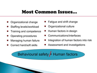 Most Common Issues…
Organizational change
Staffing levels/workload
Training and competence
Operating procedures
Managing human failure
Correct hard/soft skills
Fatigue and shift change
Organizational culture
Human factors in design
Communications/interfaces
Integration of human factors into risk
Assessment and investigations
Behavioural safety = Human factors/
 