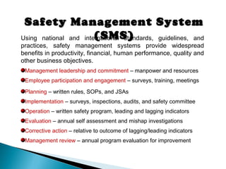 Safety Management SystemSafety Management System
(SMS)(SMS)Using national and international standards, guidelines, and
practices, safety management systems provide widespread
benefits in productivity, financial, human performance, quality and
other business objectives.
Management leadership and commitment – manpower and resources
Employee participation and engagement – surveys, training, meetings
Planning – written rules, SOPs, and JSAs
Implementation – surveys, inspections, audits, and safety committee
Operation – written safety program, leading and lagging indicators
Evaluation – annual self assessment and mishap investigations
Corrective action – relative to outcome of lagging/leading indicators
Management review – annual program evaluation for improvement
 