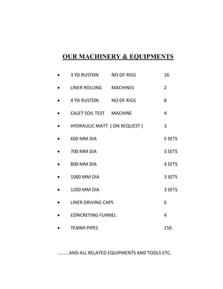 OUR MACHINERY & EQUIPMENTS 
 3 YD RUSTON NO OF RIGS 16 
 LINER ROLLING MACHINES 2 
 4 YD RUSTON NO OF RIGS 8 
 CALET SOIL TEST MACHINE 4 
 HYDRAULIC MATT ( ON REQUEST ) 3 
 600 MM DIA 5 SETS 
 700 MM DIA 3 SETS 
 800 MM DIA 4 SETS 
 1000 MM DIA 3 SETS 
 1200 MM DIA 3 SETS 
 LINER DRIVING CAPS 6 
 CONCRETING FUNNEL 4 
 TEMMI PIPES 150 
.........AND ALL RELATED EQUIPMENTS AND TOOLS ETC. 
 
